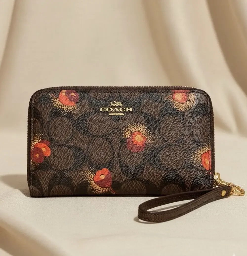 Coach Corner Zip Wristlet Wallet in Brown Signature Canvas with Pop Floral C6417